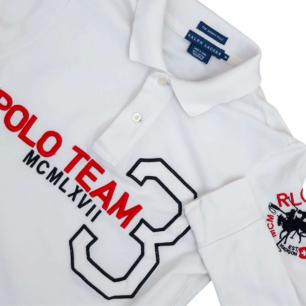 Vintage Ralph Lauren Skinny Polo Women M White Long Sleeve MCMLXVII Y2K